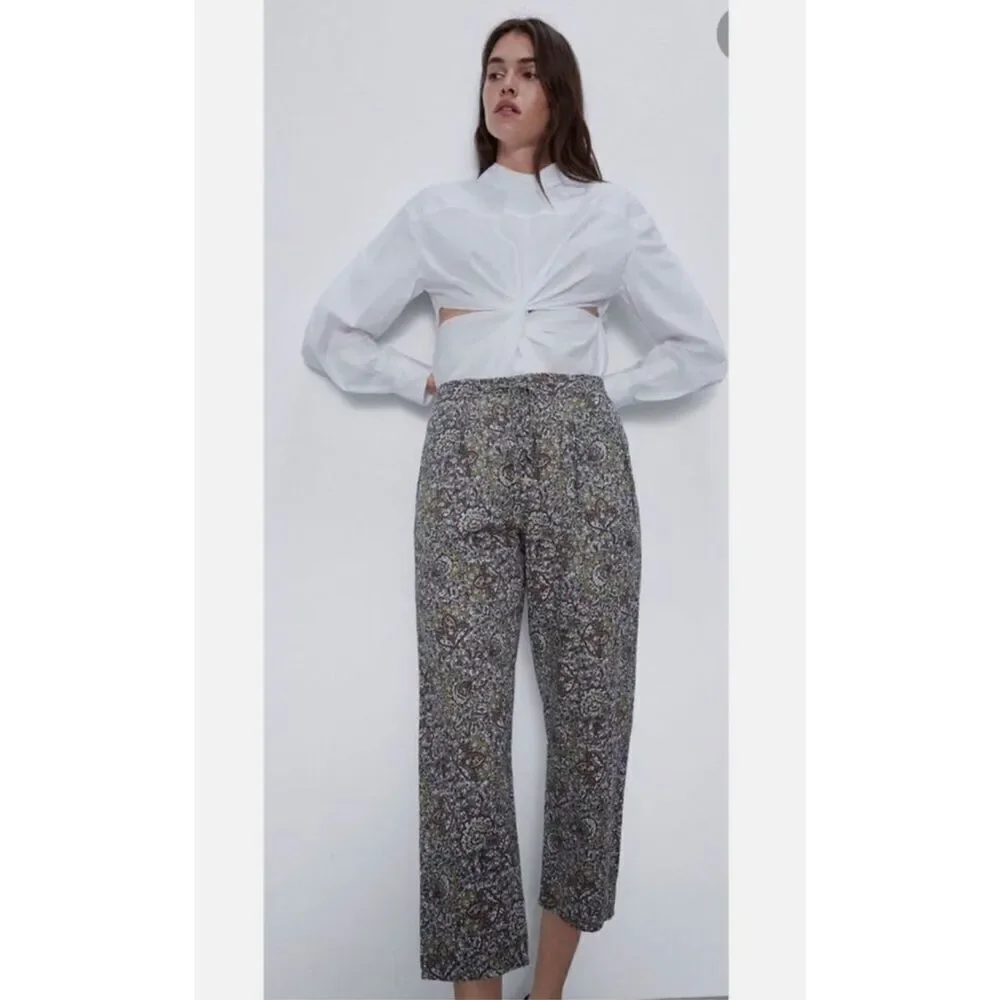 ZARA Floral Print Linen/Cotton Blend Pants Size XS